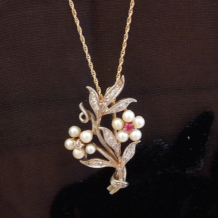 Vintage Gold, Diamond, Pearl, and Ruby Flower Pendant - Brooch