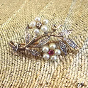 Vintage Gold, Diamond, Pearl, and Ruby Flower Pendant - Brooch