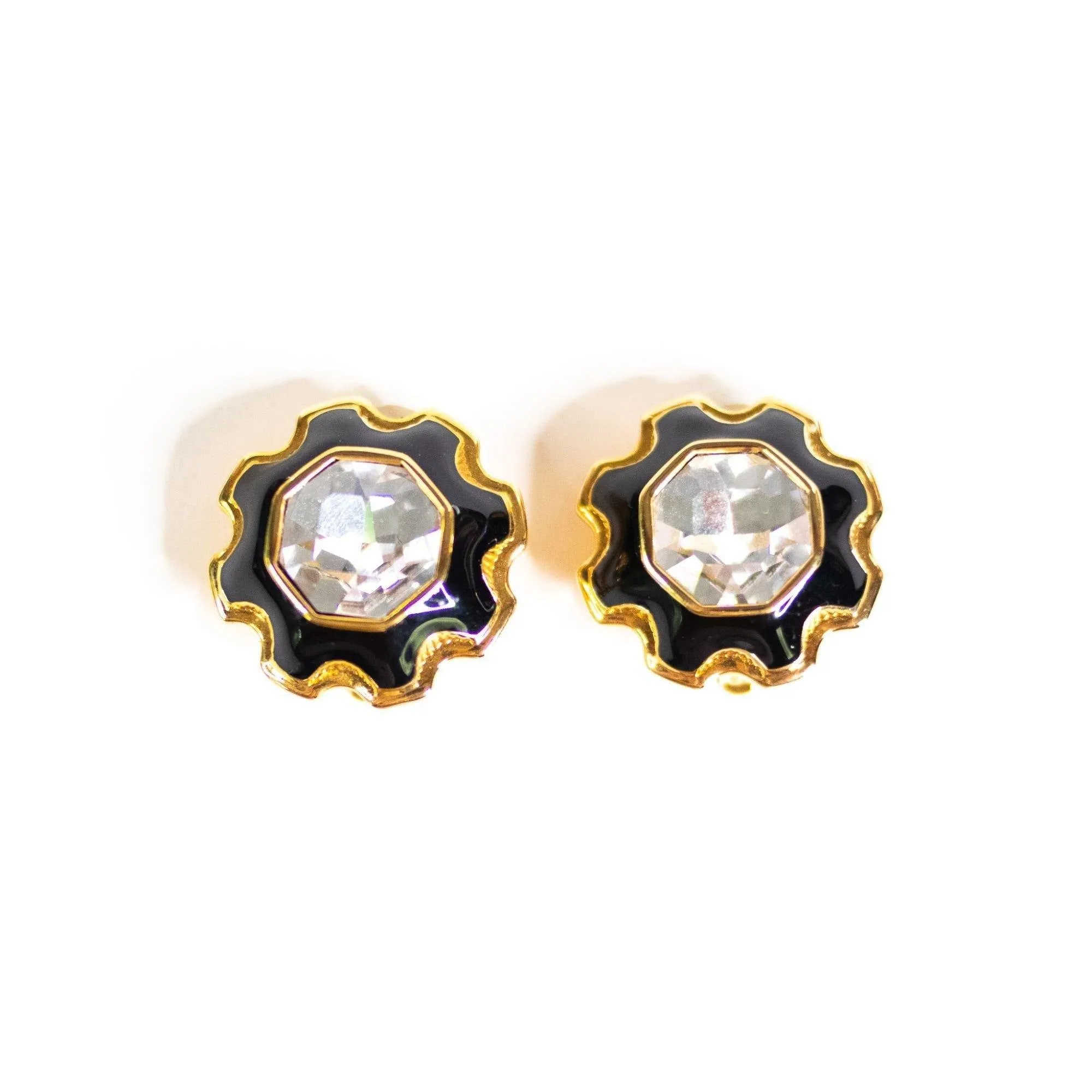 Vintage Savvy Swarovski Black Enamel and Diamante Headlight Rhinestone Statement Earrings
