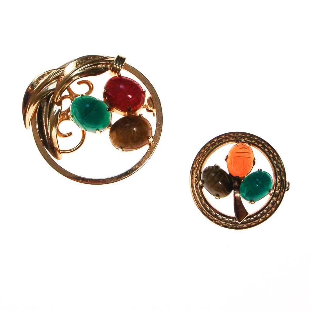 Vintage Scarab Gemstone Scatter Pins, Carved Carnelian, Jade, Tigers Eye, Gold Filled