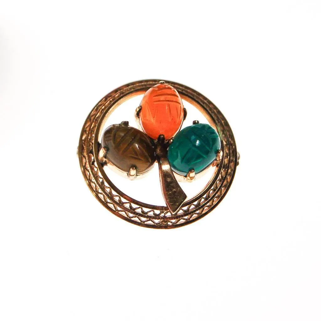 Vintage Scarab Gemstone Scatter Pins, Carved Carnelian, Jade, Tigers Eye, Gold Filled