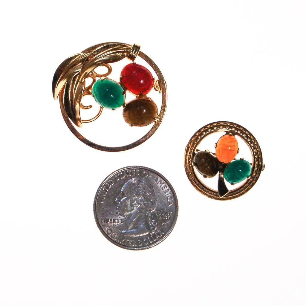 Vintage Scarab Gemstone Scatter Pins, Carved Carnelian, Jade, Tigers Eye, Gold Filled