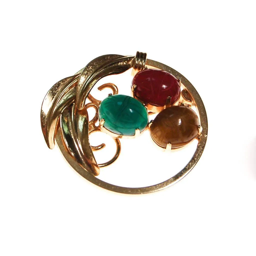 Vintage Scarab Gemstone Scatter Pins, Carved Carnelian, Jade, Tigers Eye, Gold Filled