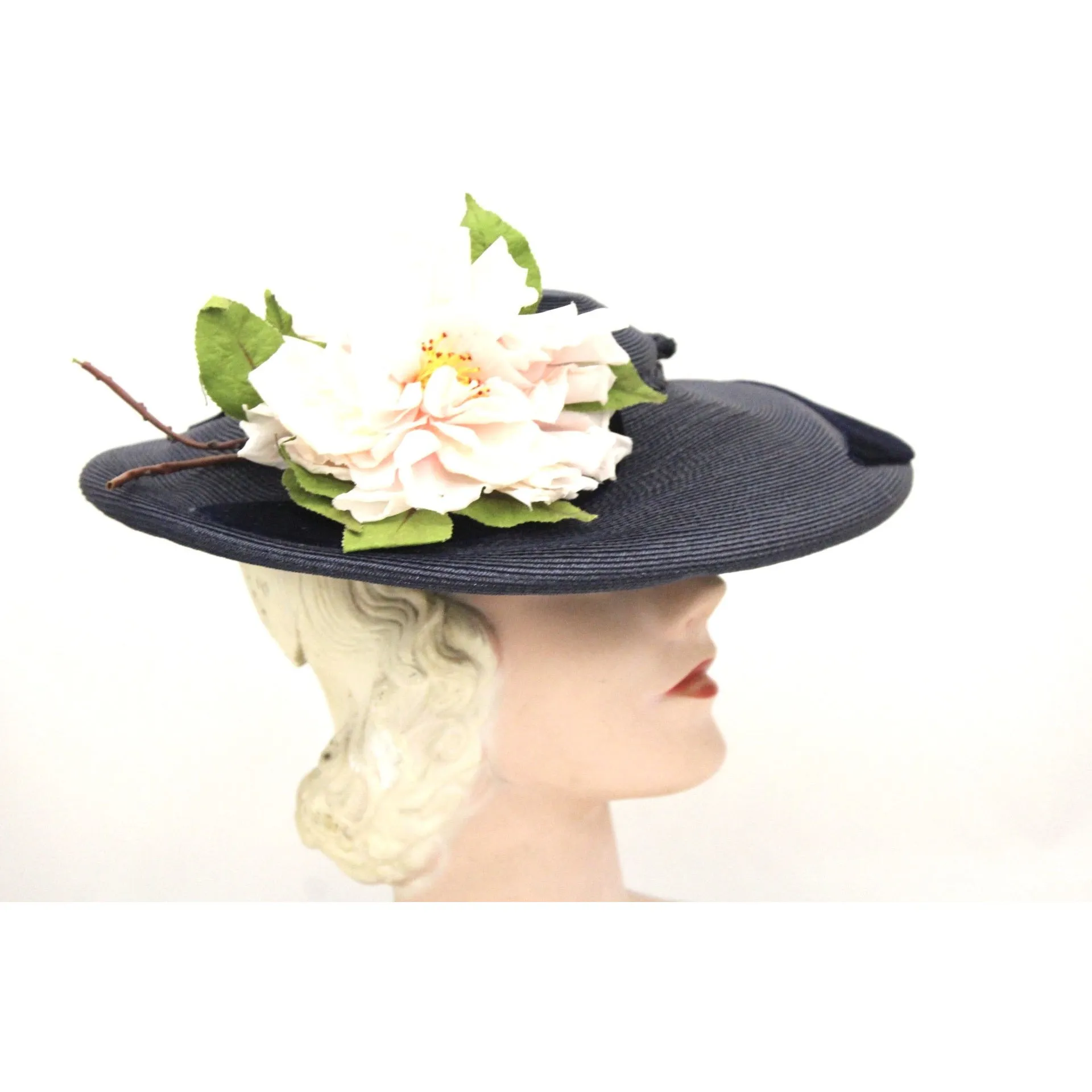 Vintage Wide Brim Dark Navy Blue Straw Hat 1940s Church Saucer Hat Pink Dahlia O/S