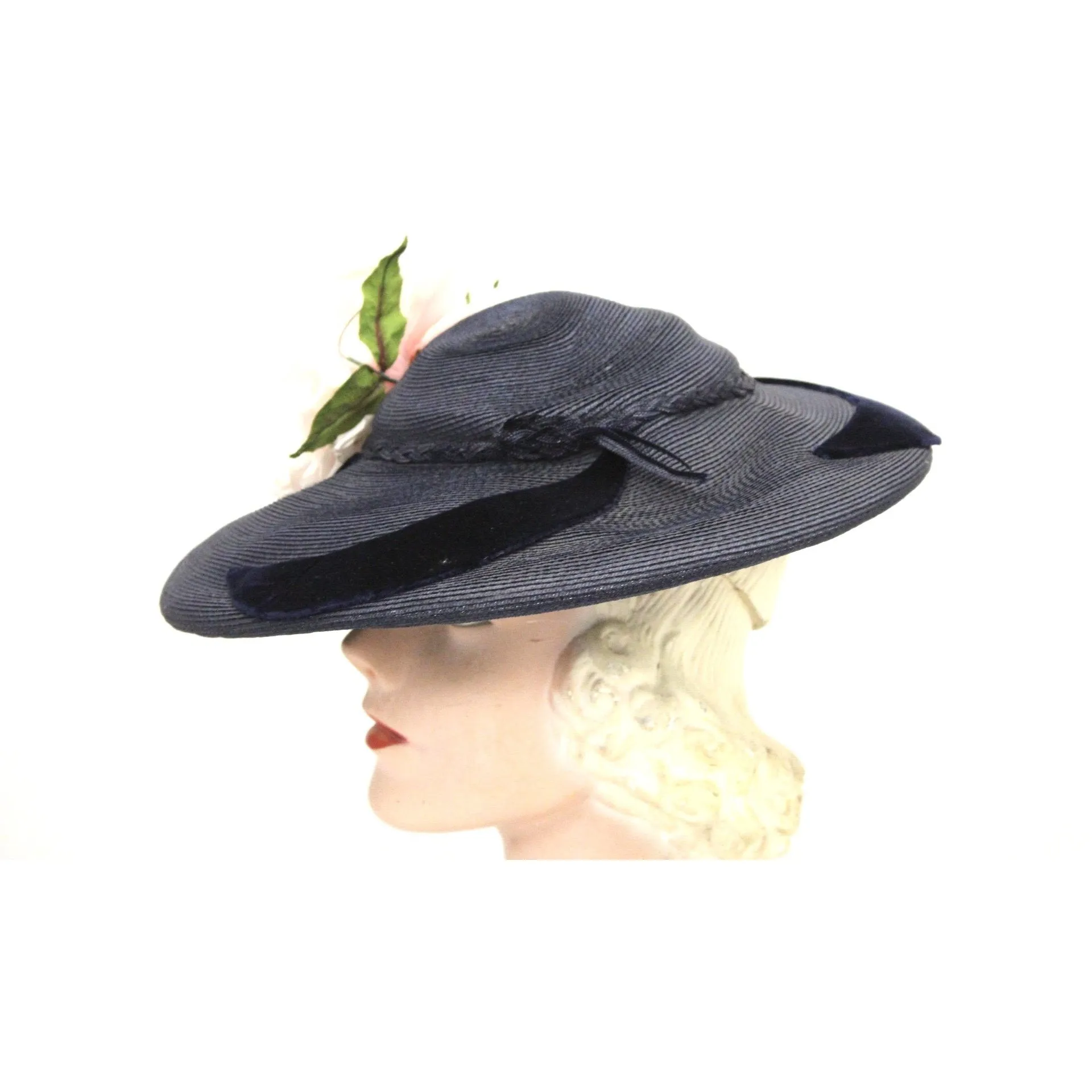 Vintage Wide Brim Dark Navy Blue Straw Hat 1940s Church Saucer Hat Pink Dahlia O/S
