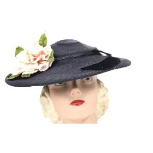 Vintage Wide Brim Dark Navy Blue Straw Hat 1940s Church Saucer Hat Pink Dahlia O/S