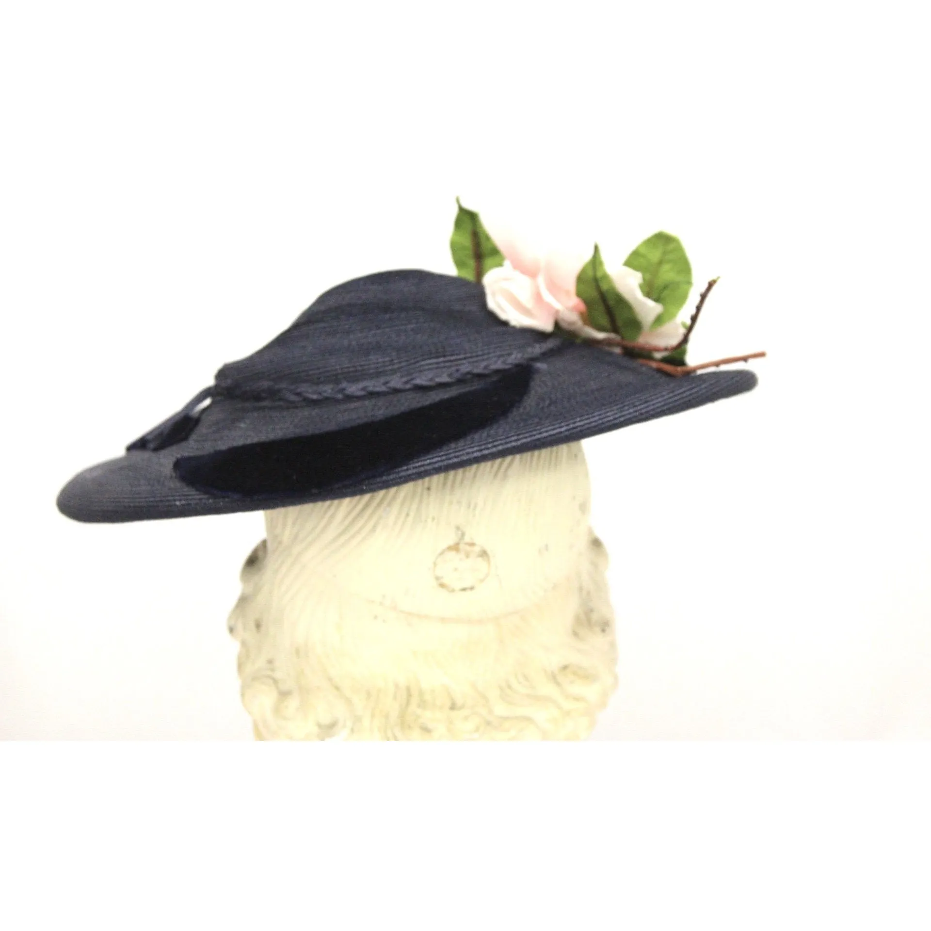 Vintage Wide Brim Dark Navy Blue Straw Hat 1940s Church Saucer Hat Pink Dahlia O/S