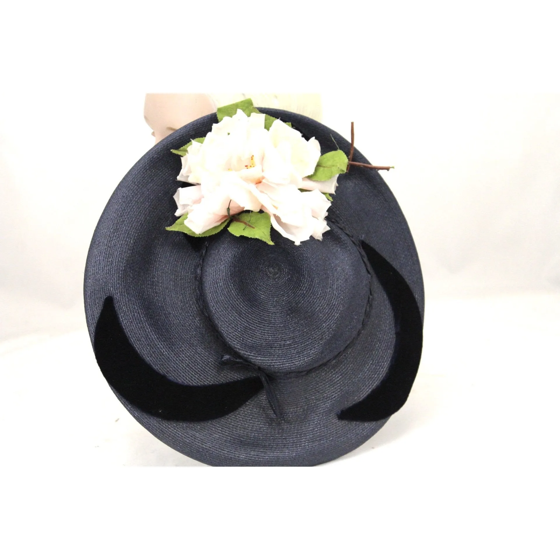 Vintage Wide Brim Dark Navy Blue Straw Hat 1940s Church Saucer Hat Pink Dahlia O/S