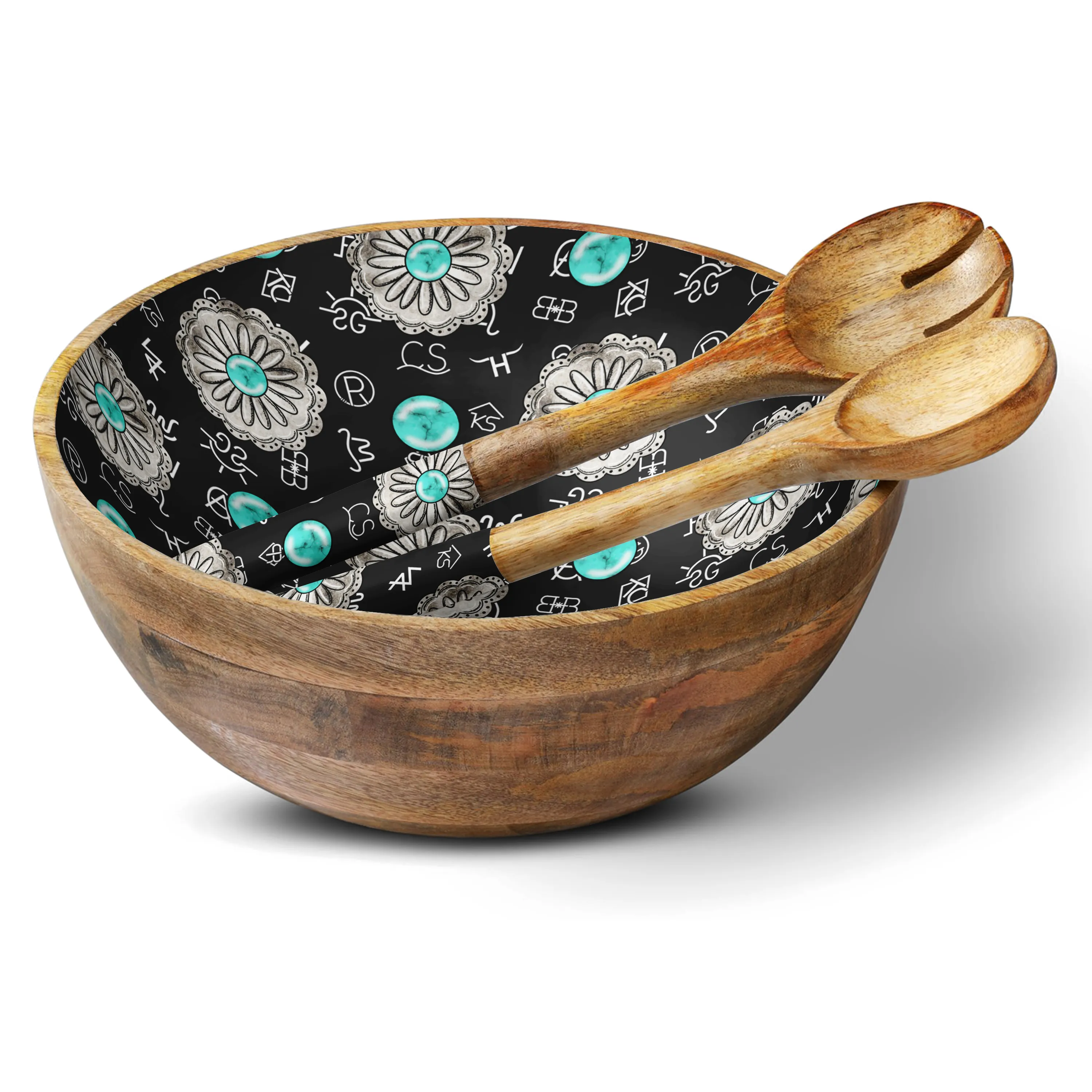 Western Concho 12" Wood Bowl w/ Matching Servers