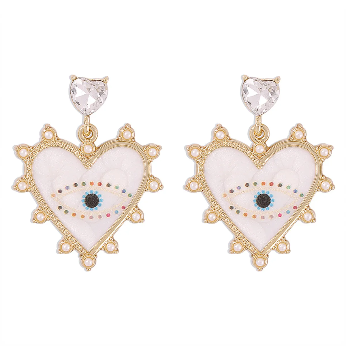 White Enamel & Crystal Pearl 18K Gold-Plated Eye Heart Drop Earrings