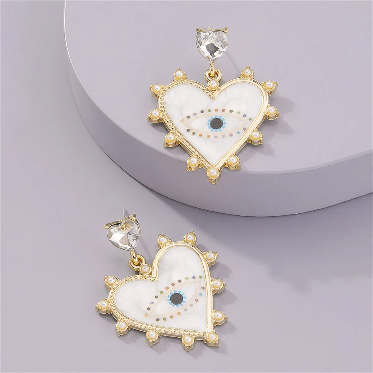 White Enamel & Crystal Pearl 18K Gold-Plated Eye Heart Drop Earrings