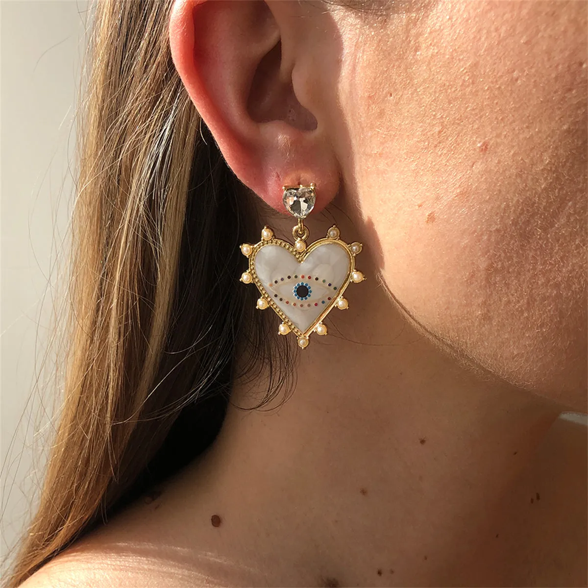 White Enamel & Crystal Pearl 18K Gold-Plated Eye Heart Drop Earrings