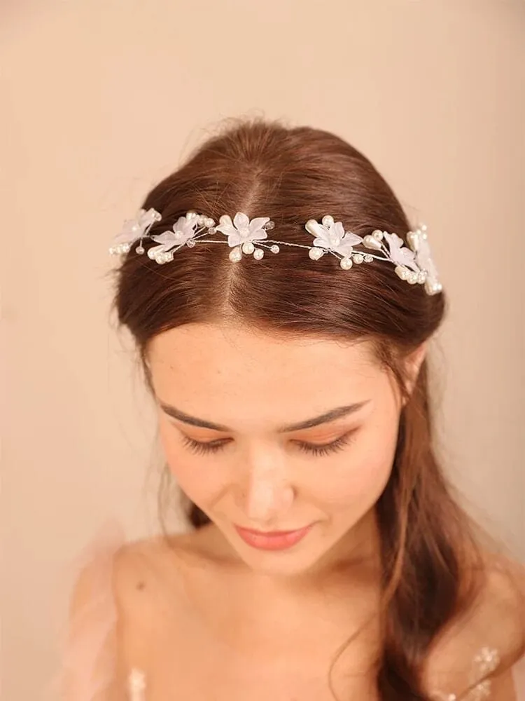 White Flower Pearl Hair Vine, Bridal Floral Wire Hairpiece, Wedding Silver Wire Headband Head Wreath