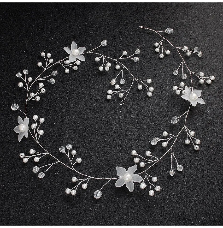 White Flower Pearl Hair Vine, Bridal Floral Wire Hairpiece, Wedding Silver Wire Headband Head Wreath