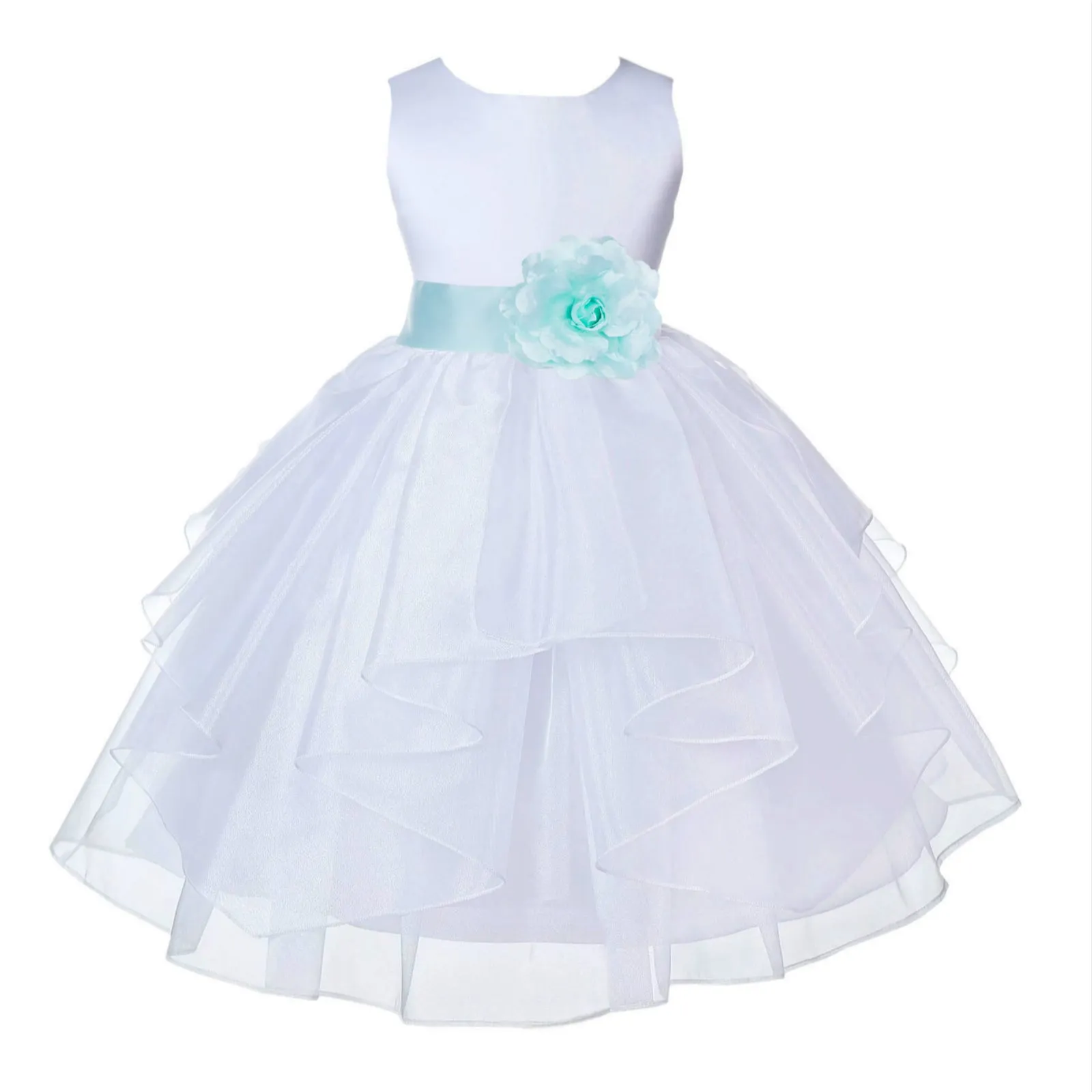White Satin Shimmering Organza Flower Girl Dress Junior Formal Pageant Baptism Christening 4613T(5)