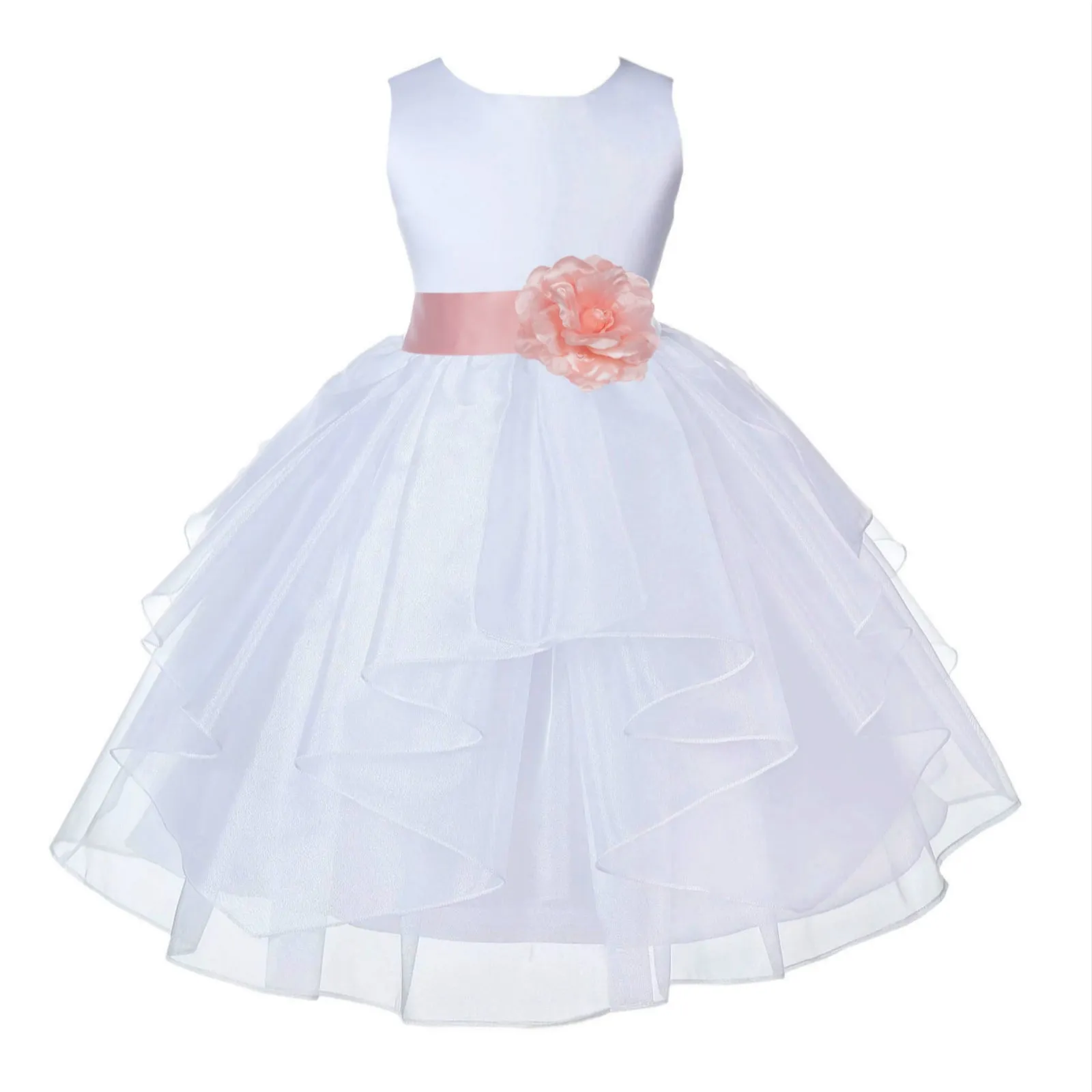 White Satin Shimmering Organza Flower Girl Dress Junior Formal Pageant Baptism Christening 4613T(5)