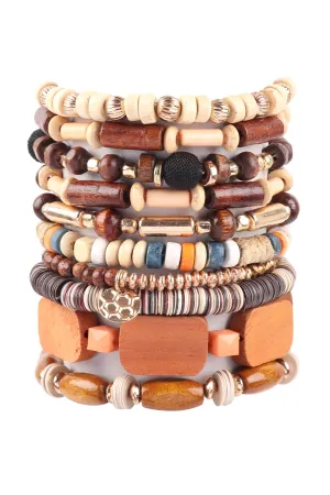 WOOD CHARM MIX BEADS BRACELET SET