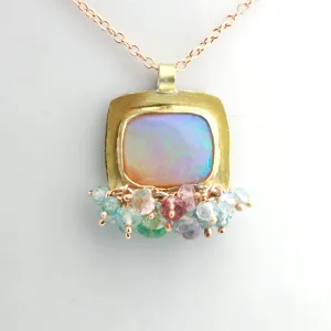 Wood Fossil Opal Pendant with Pastel Gemstone Fringe