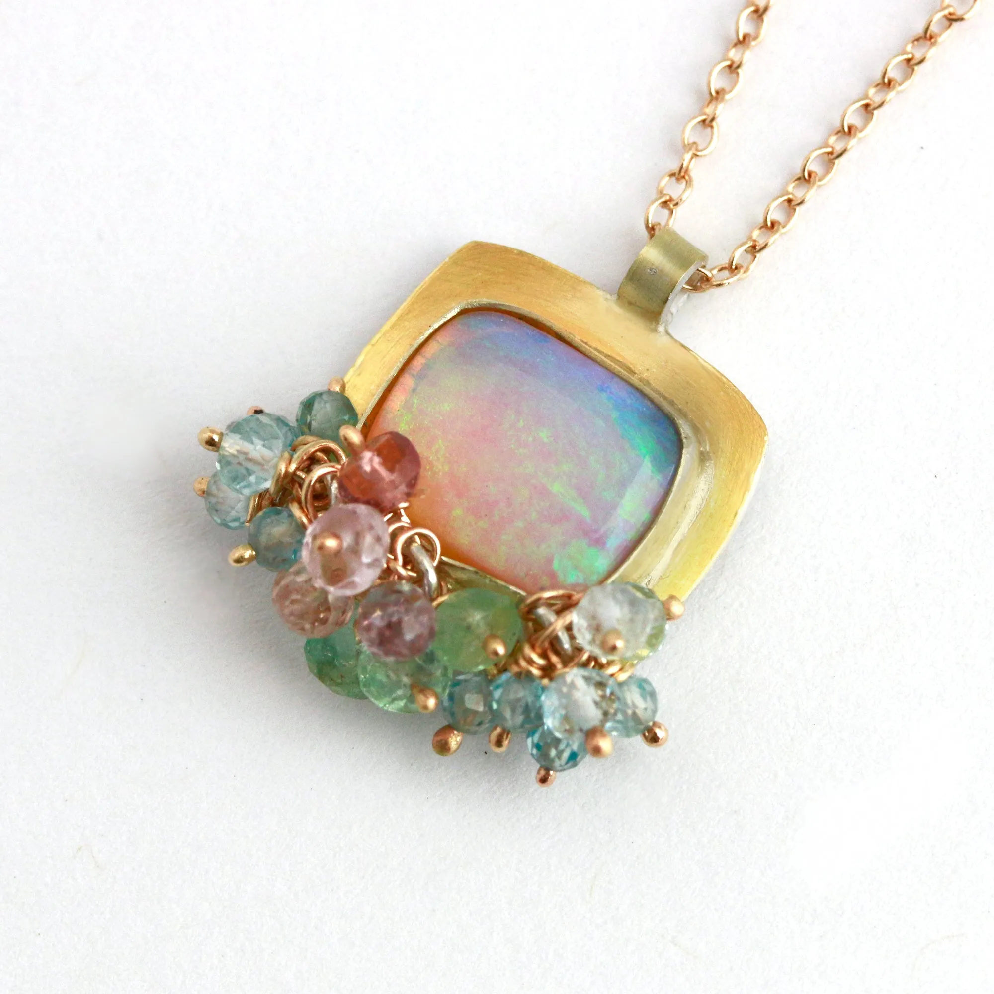 Wood Fossil Opal Pendant with Pastel Gemstone Fringe
