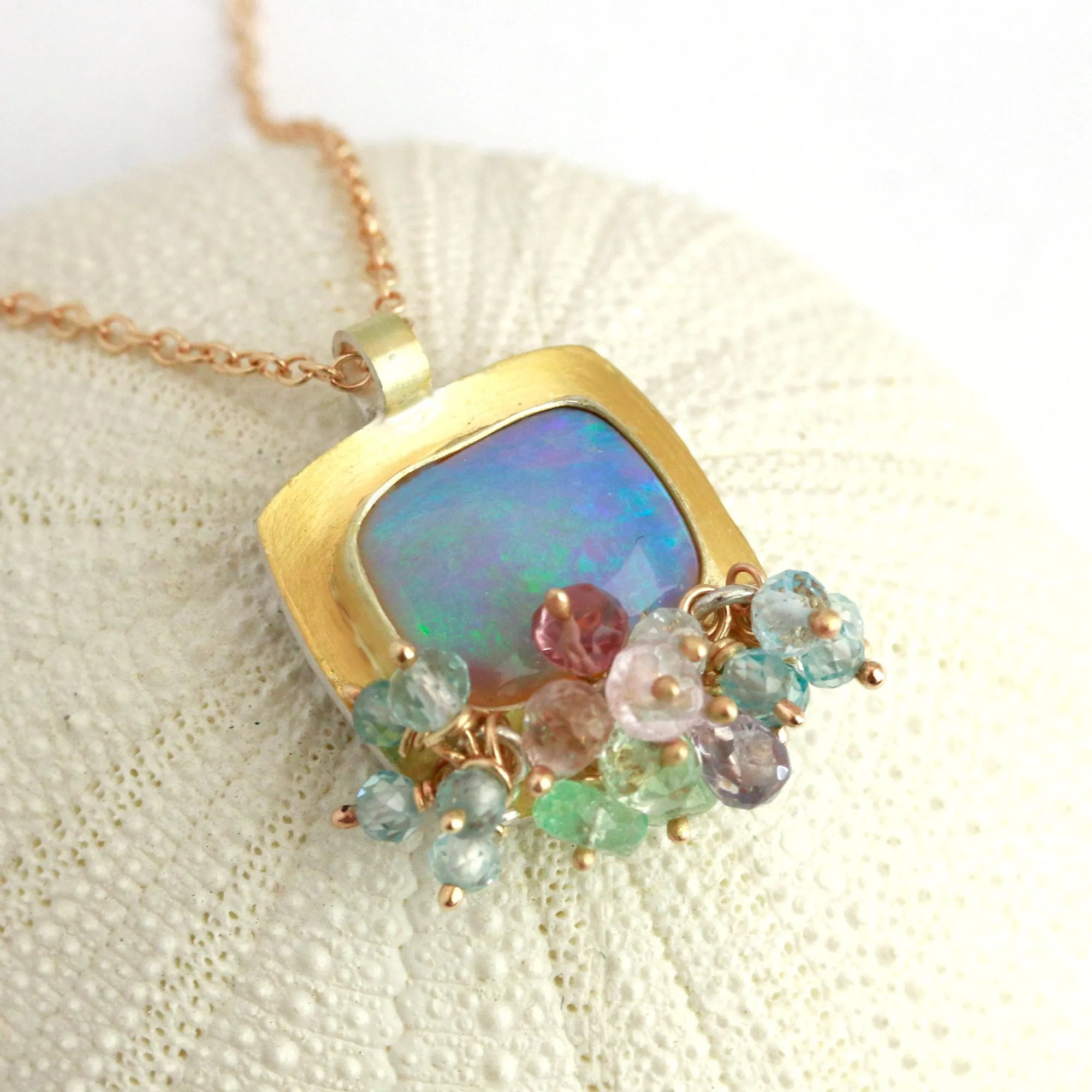 Wood Fossil Opal Pendant with Pastel Gemstone Fringe