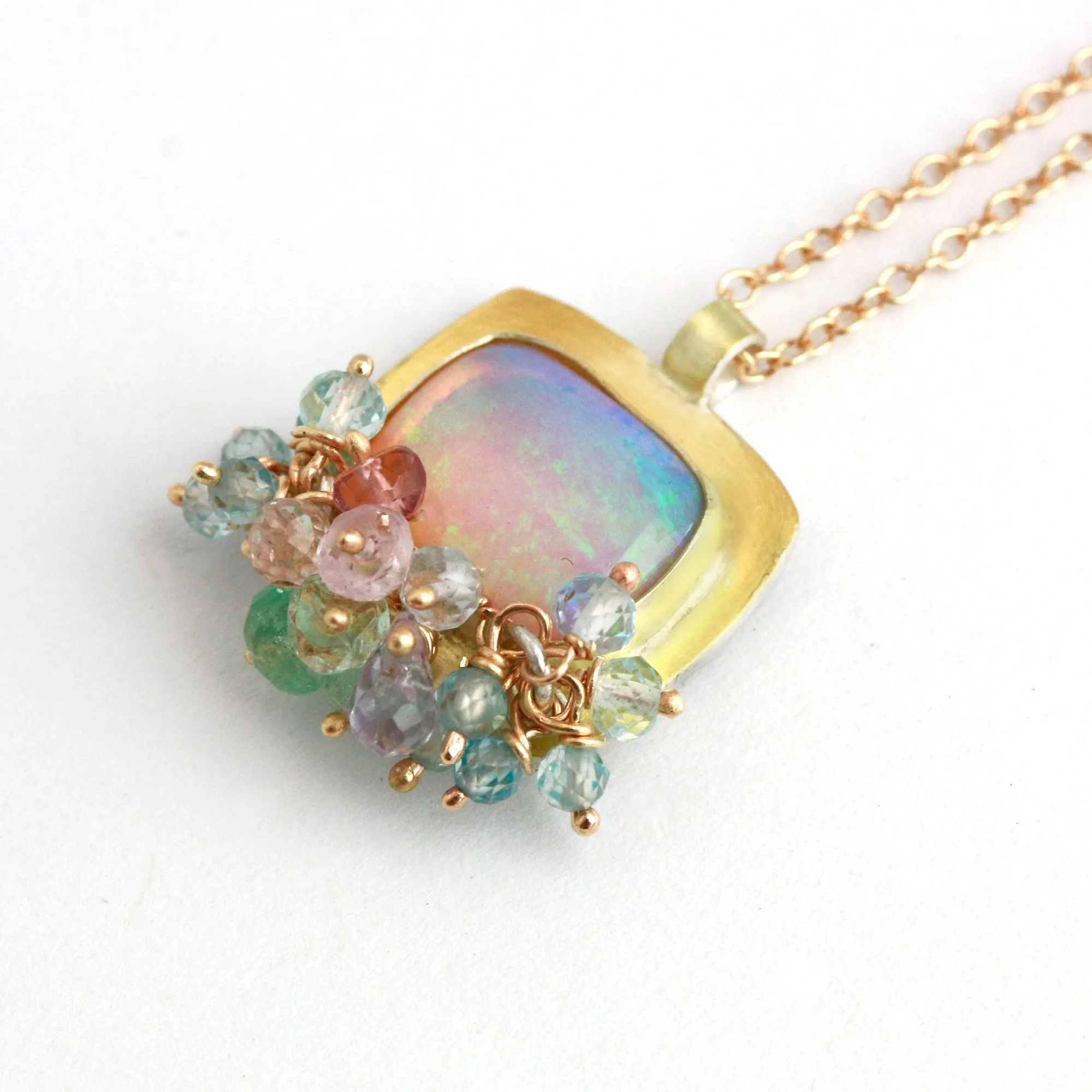 Wood Fossil Opal Pendant with Pastel Gemstone Fringe