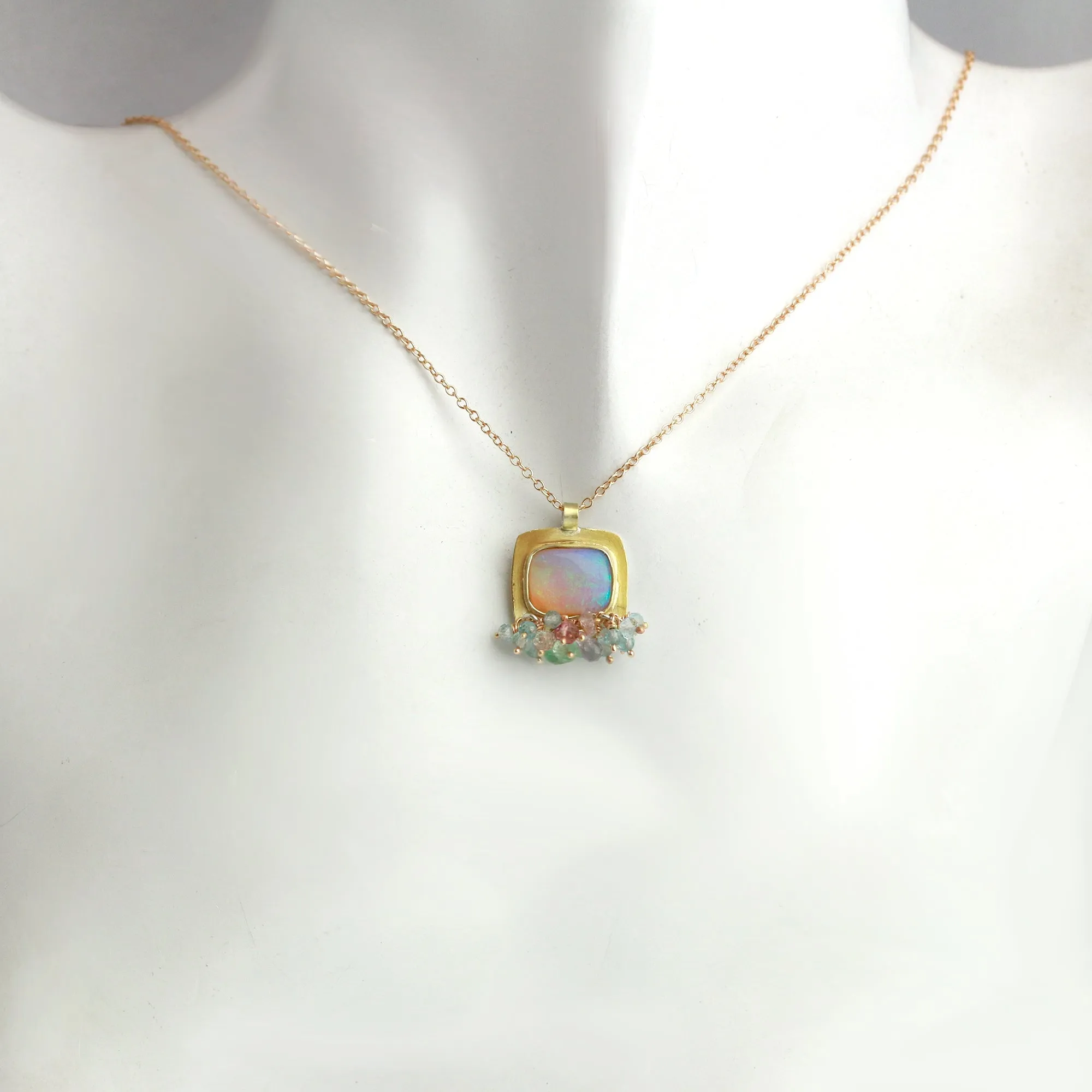 Wood Fossil Opal Pendant with Pastel Gemstone Fringe