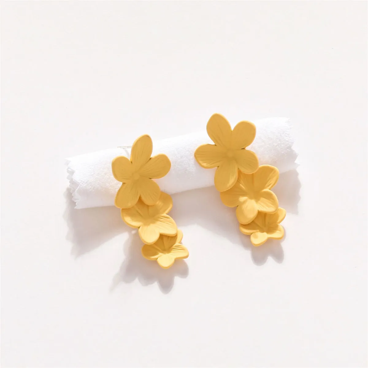 Yellow Enamel & Silver-Plated Linked Flower Drop Earrings